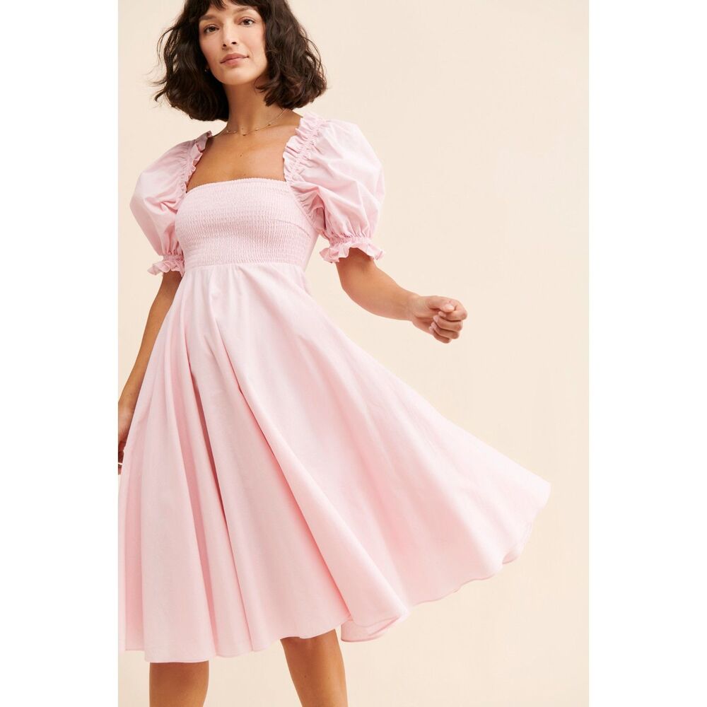 Selkie Maria Dress Princess Pink Puff Sleeve Smocked Cotton Midi Size S
